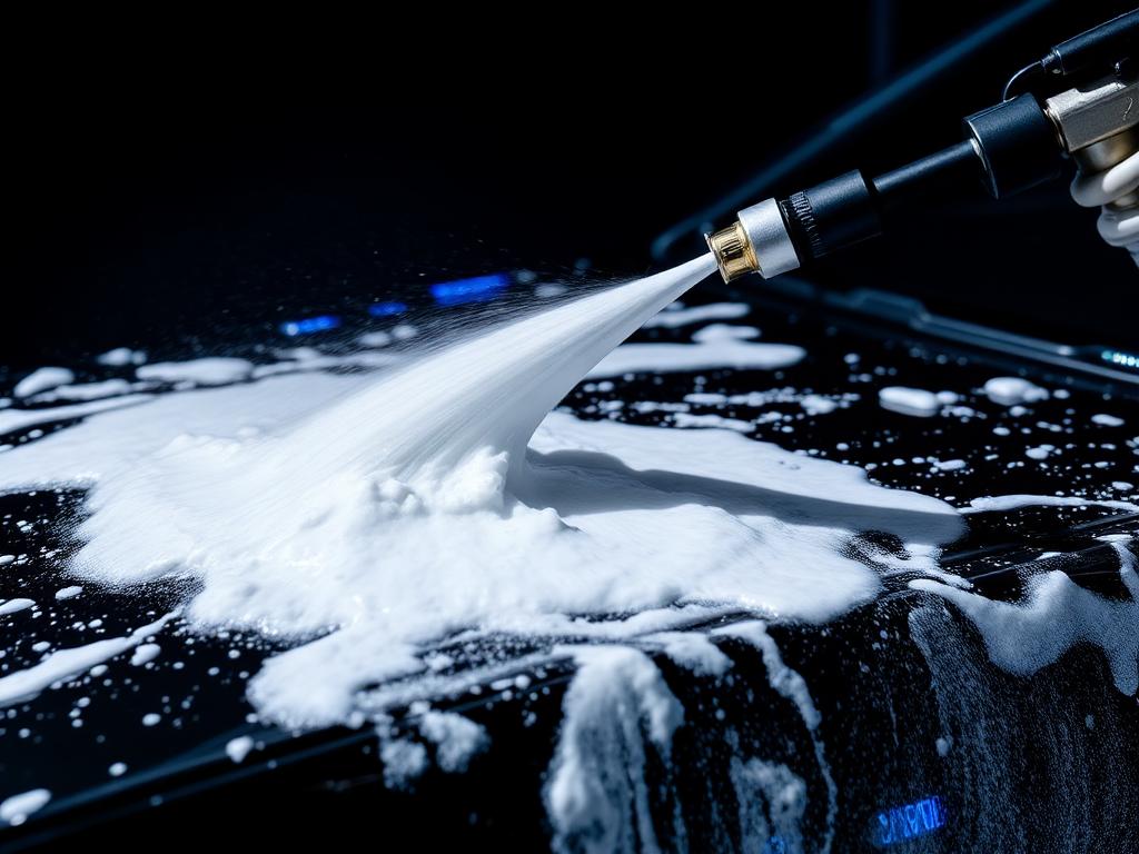 Foam cannon washing the glossy paint of a dark car